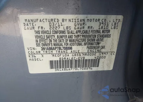 2011 Nissan Sentra 2.0 from USA, damaged, VIN 3N1AB6AP7BL708896